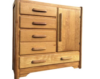 Vintage Birch Waterfall Dresser – 1940s Art Deco Mini Wardrobe Cabinet - Nursery Furniture