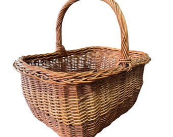 Vintage French Market Basket – Large Rectangular Wicker Tote – Rustic Farmhouse Storage Basket