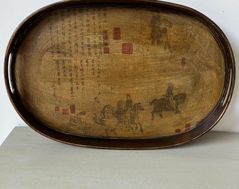 Vintage Oriental Wood Painted Tray