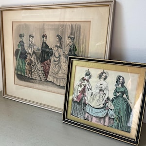 Duo of antique 19th century framed French Hand-Colored Fashion Plate Litographs