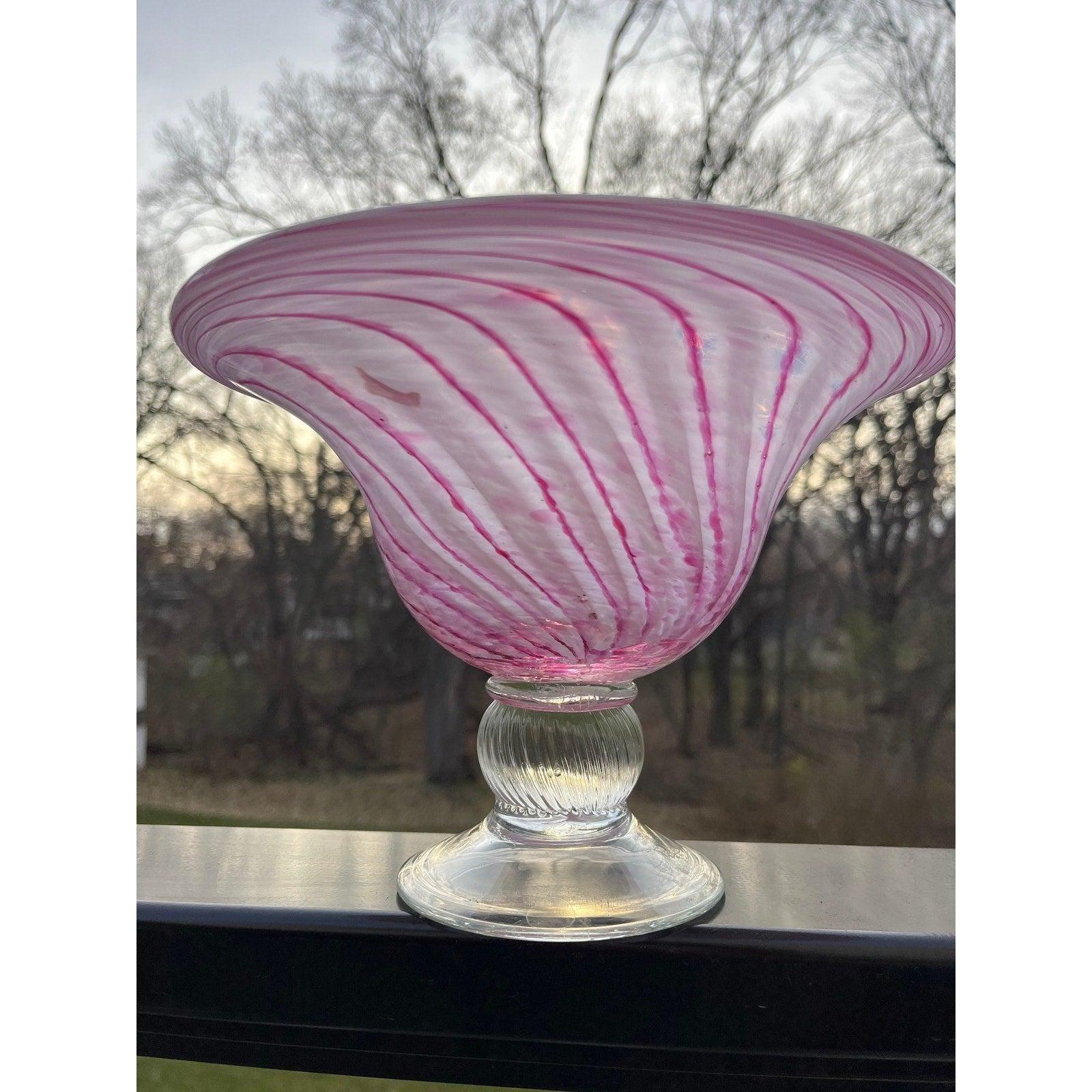 Large vintage Murano style art glass centerpiece bowl - candy pink and white swirl