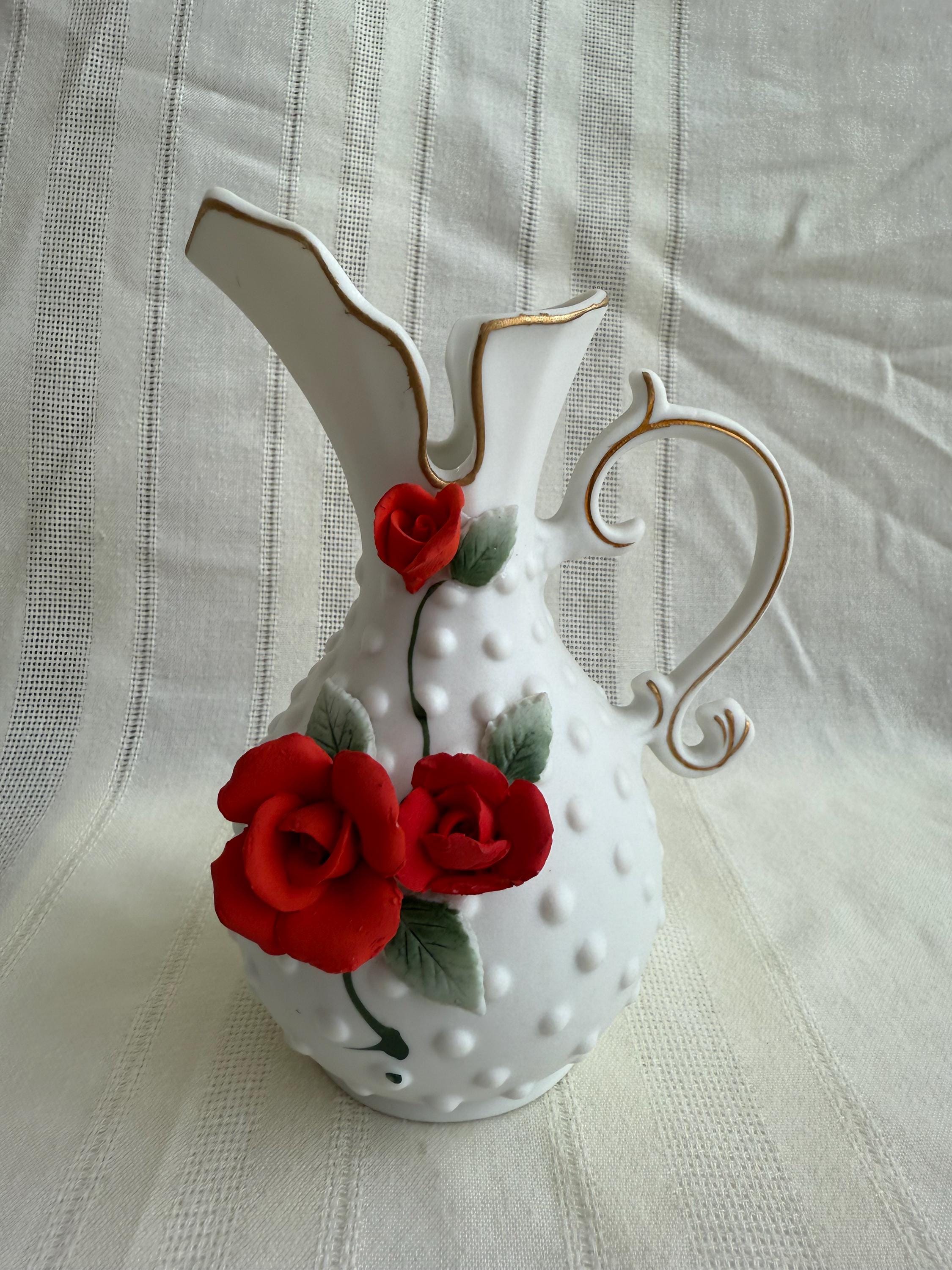 1940s Ceramic Hobnail Pitcher, Vintage Norcrest Red Rose Vase