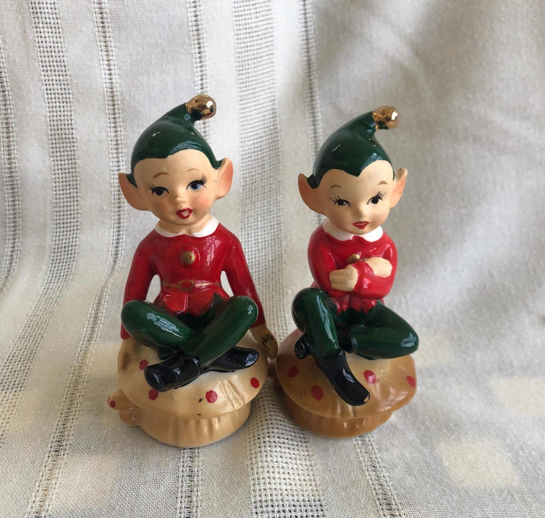 RARE MINT 1950s Norcrest Christmas Elves, Set of 2, Vintage MCM Ceramic Pixie Elf Figurines, Red & Green, Sitting on Mushrooms,made in Japan - Etsy RARE MINT 1950s Norcrest Christmas Elves, Set of 2, Vintage MCM Ceramic Pixie Elf Figurines, Red & Green, Sitting on Mushrooms,made in Japan - Etsy