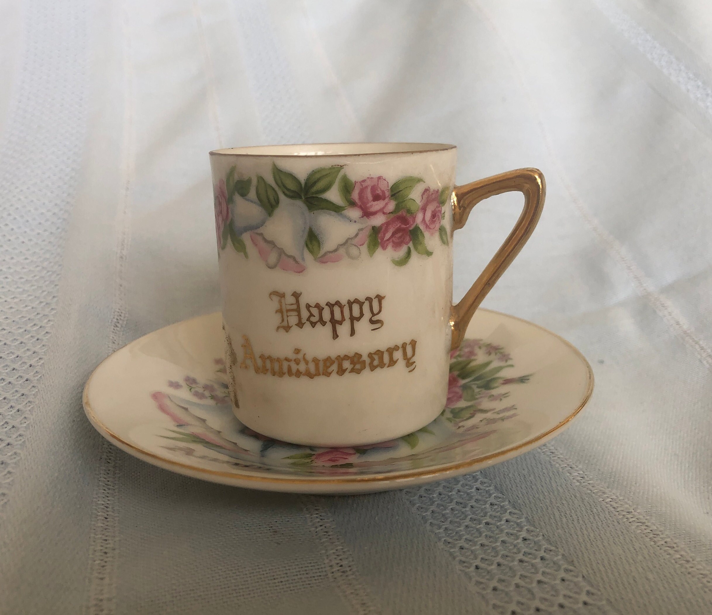 Happy Anniversary Teacup & Saucer, Demitasse Small Set, Anniversary Gift, c1950-60s, Gold Trim, Vintage NORCREST, Made in Japan