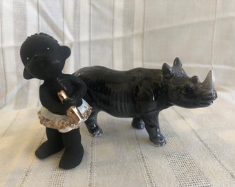 1950s Black Rhino & Boy, Vintage NORCREST African Series 1950s Black Rhino & Boy, Vintage NORCREST African Series