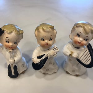 Vintage Christmas Angel Figurines, Set of 3, EXCELLENT CONDITION, 1950s Kitschy Ceramic Blond Musical, Harp, Cello, Mandolin, Japan