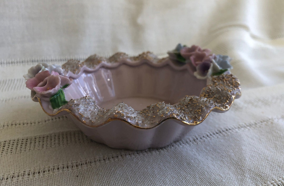 Vintage Ring Dish, Pink With Gold Trim, Trinket Dish, Ceramic Dish, NORCREST Ring Holder