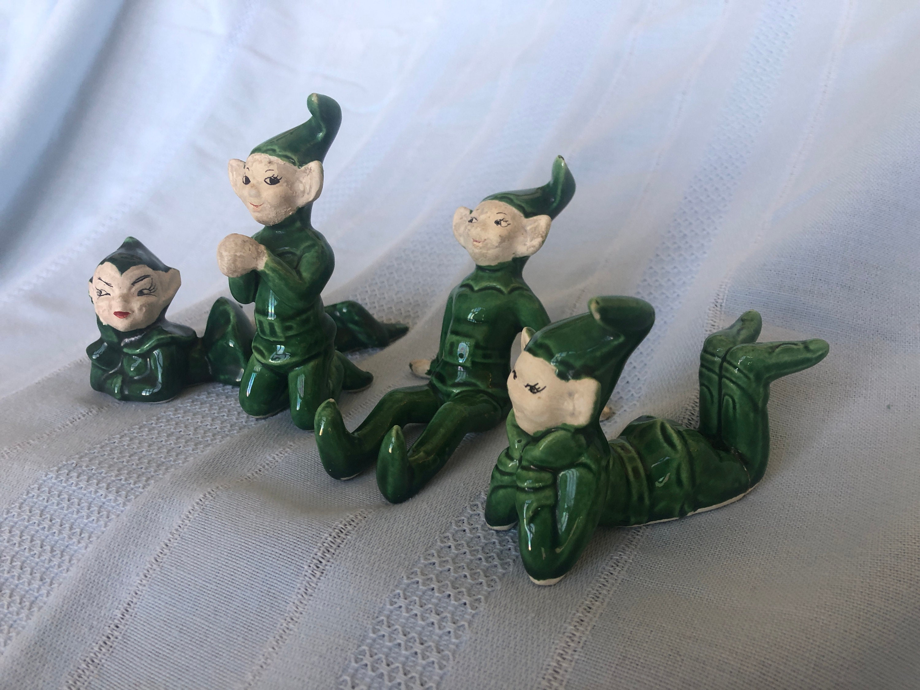 1950s CHRISTMAS ELVES, Set of 4, Vintage Gilner Ceramic Pixie Elf