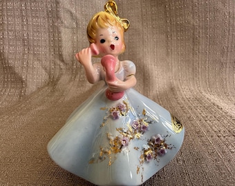 RARE JOSEF ORIGINALS &quot;Monday&quot; Figurine, Pink Phone Party Line, Days of the Week Series, 24K Gold Trim, Vintage 1960s Porcelain Girl, Japan