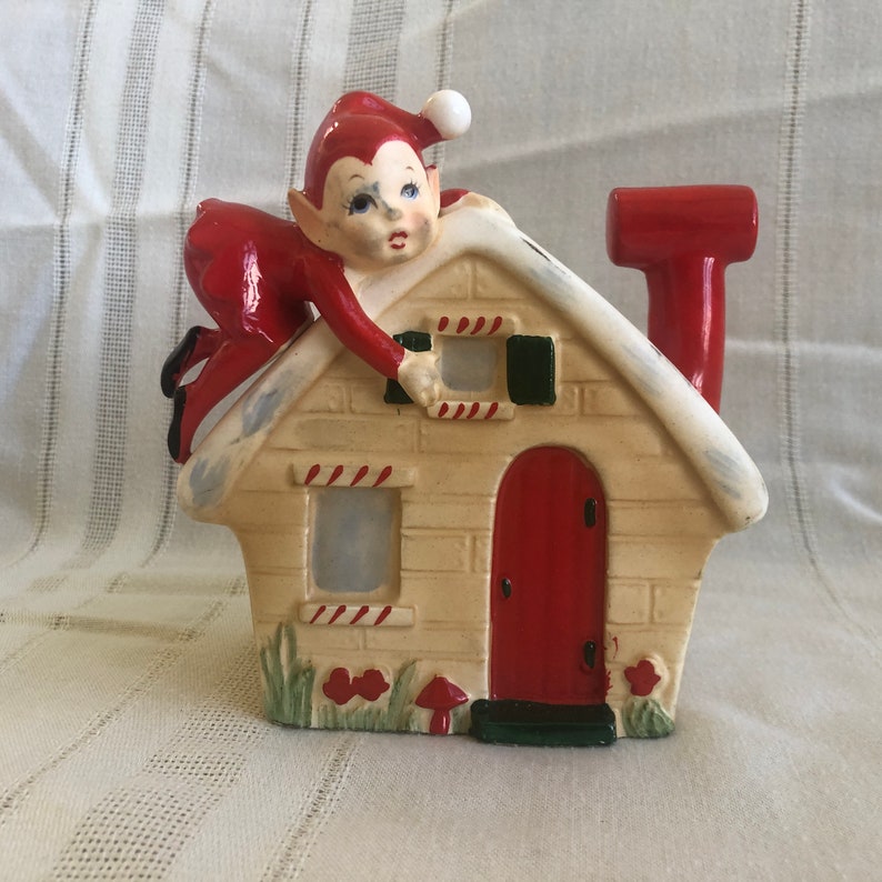 1950s NORCREST Christmas Pixie Elf on House Planter Pot, Vintage Kitsch