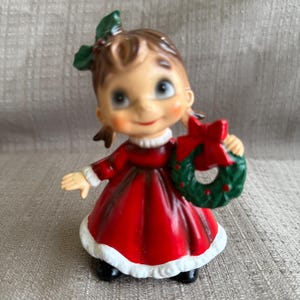 Josef Originals Wee Folks, &quot;Girl Holding Wreath&quot;, Christmas Gift, December Decor, Circa 1960s Big Eyes, Ceramic Girl Doll, Made in Japan