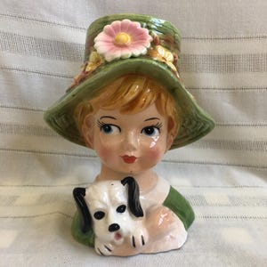 RARE 1960s NORCREST Girl Head Vase Planter, Vintage Blond in Green Hat, Holding a B&W Dog, Ceramic Plant Pot, Kitsch Midcentury, Japan