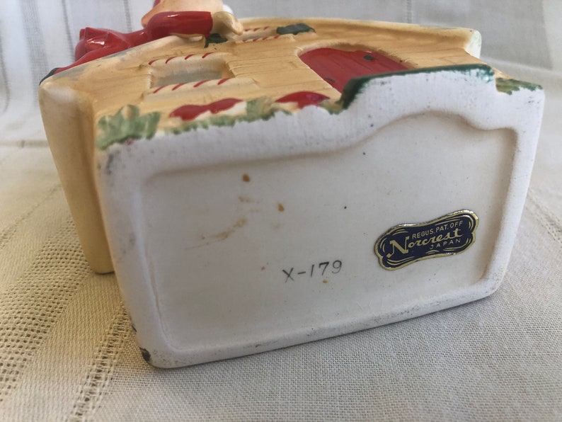 1950s NORCREST Christmas Pixie Elf on House Planter Pot, Vintage Kitsch