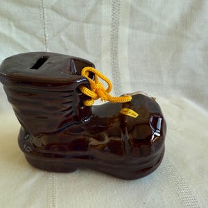 Midcentury 1960s Brown Boot Coin Bank, Ceramic Brown Shoe Money Bank, MCM Kitschy Piggy Bank, Anthropomorphic, Made in Japan