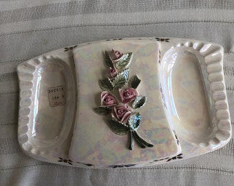 STUNNING Vintage Ceramic Trinket Dish with Lid, 1940s NORCREST Lusterware Porcelain Jewelry Tray, Applied Pink Roses, Made in Japan