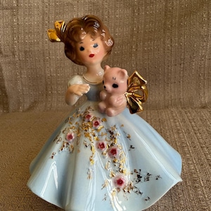 1960s JOSEF ORIGINALS New Baby Figurine, MINT Porcelain Blue Dress Girl with Pink Teddy Bear, 24K Gold Trim, Special Occasion Series, Japan