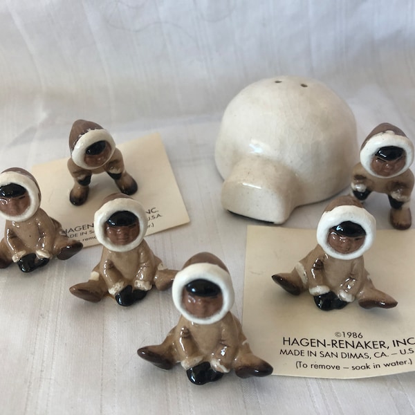 Vintage HAGEN RENAKER Miniature Eskimos & Polar Bear, Vintage Mini Igloo, Midcentury Alaskan Natives, Diorama North Pole, Terrarium, Japan