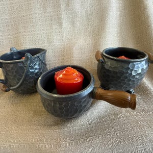 Vintage TeaLlight Holders and Red Candles, Set of 3, Ceramic Black Cauldron Tealight Stands, Reusable, Halloween Decor, Made in Japan