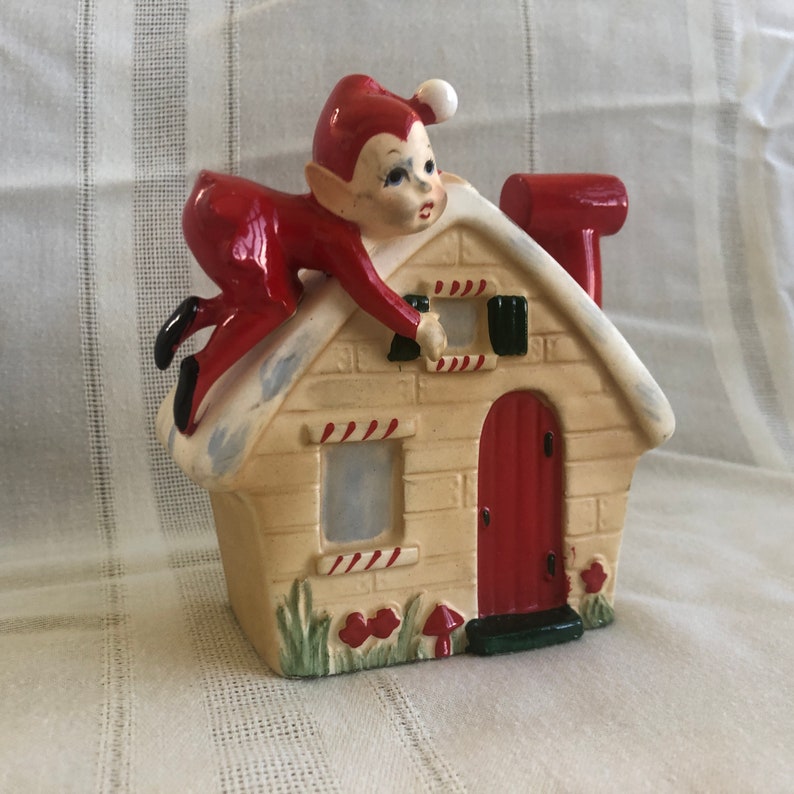 1950s NORCREST Christmas Pixie Elf on House Planter Pot, Vintage Kitsch
