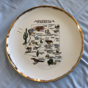 Jaren 60 ARIZONA-kaart decoratieve muurplaat, vintage keramische muur hangend, midcentury Grand Canyon-souvenir, kaart Monument Valley, Arizona, Japan