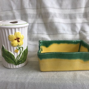 Vintage Yellow Floral Bathroom Set, NEVER USED, NORCREST Ceramic Toothbrush Holder & Soap Bar Dish, 1950-60s Midcentury Toothbrush, Japan