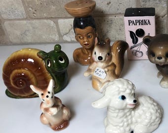 NORCREST 1950-60s Ceramic Figurines, Anthropomorphic Snail and Lamb, Porcelain Kangaroo and African Lady, Single S&P Shakers, Made in Japan