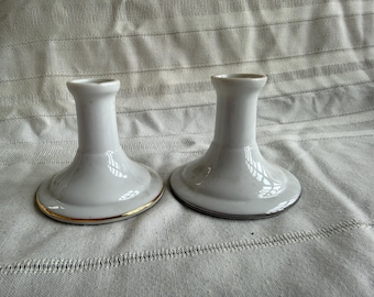 White Candlestick Holders Vintage, 2 pc., MINT CONDITION, Mid Century  NORCREST Candle Holder, 3" Tall, Gold Silver Ring Holders, Japan