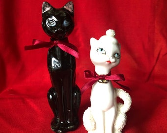 Vintage Pair of MCM Ceramic Black Cat Made in 1950's Green