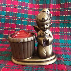 Vintage Christmas Angel Candle Holder, Red Tea Candle, Gold Angel Praying, Xmas Decorations, Midcentury Angel, Made in Japan