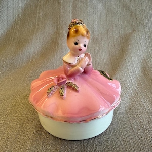 1960s JOSEF ORIGINALS Porcelain Girl Figurine, Pink Dress Girl on Trinket Box, Ring Holder, Jewelry Box, 24K Gold Trim, Made in Japan