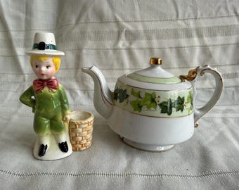 Vintage Porcelain St. Patrick's Decor, MINT Condition, St Patty's Four-leaf Clover Tea Pot, Boy Toothpick Holder, Made in Japan