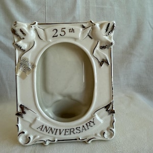 25th Wedding Anniversary Photo Frame, 1960s Vintage Ceramic Porcelain Silver Frame, Holds 5&quot; X 3.5&quot; Photo, Glass Covers Photo, Made in Japan