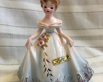1960s Vintage JOSEF Originals Susan Figurine, MINT Condition, First Formal Series, With Original Box, Blue & Gold Dress, Made in Japan
