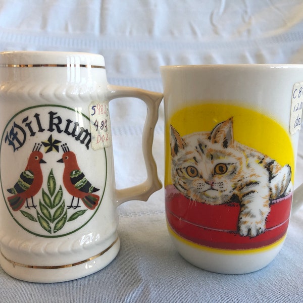 MCM Coffee Mugs, Midcentury Ceramic Mug, 1960s Atomic Cat or Beer Stein Cup, Vintage Yellow Orange Kitten Kitty, Orange Brown Birds, Japan