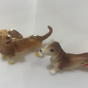 TWO Bone China MINIATURE Dachshunds, PAIR of 2, Midcentury Porcelain Dogs, Hagen Renaker? Norcrest?, Dollhouse Mini Pet, Made in Japan