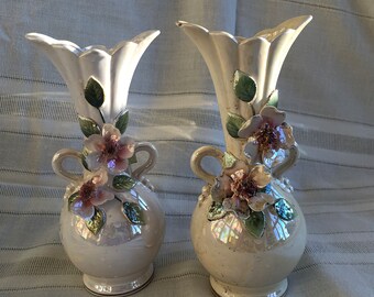 1940s NORCREST Ceramic Vase, Vintage Porcelain Lusterware Vases,  Double Handles, Applied Pink Flowers, Choose between 2, Japan