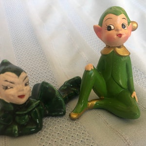 Midcentury Christmas Pixie Elf Figurine Gift, Set of 2, 1950s Josef Originals, MCM Vintage Ceramic Santa&#39;s Green Elves, ONE Repaired