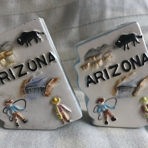 1960s Kitschy ARIZONA State Salt & Pepper Shakers, Handpainted Midcentury Souvenirs, Arizona Cowboy and Buffalo, Grand Canyon, Made in Japan