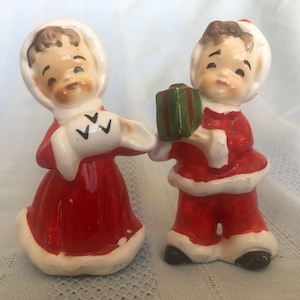 1950s NORCREST Christmas Boy & Girl Figurines, Vintage Christmas, Kitschy MCM Ceramic Boy with Gift and Girl with Muff, Made in Japan