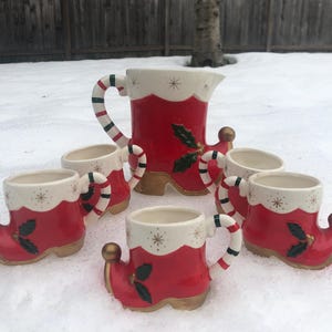 Vintage Christmas NAPCO Candy Cane Santa Boot Pitcher & Mug Set, Setof6 ...