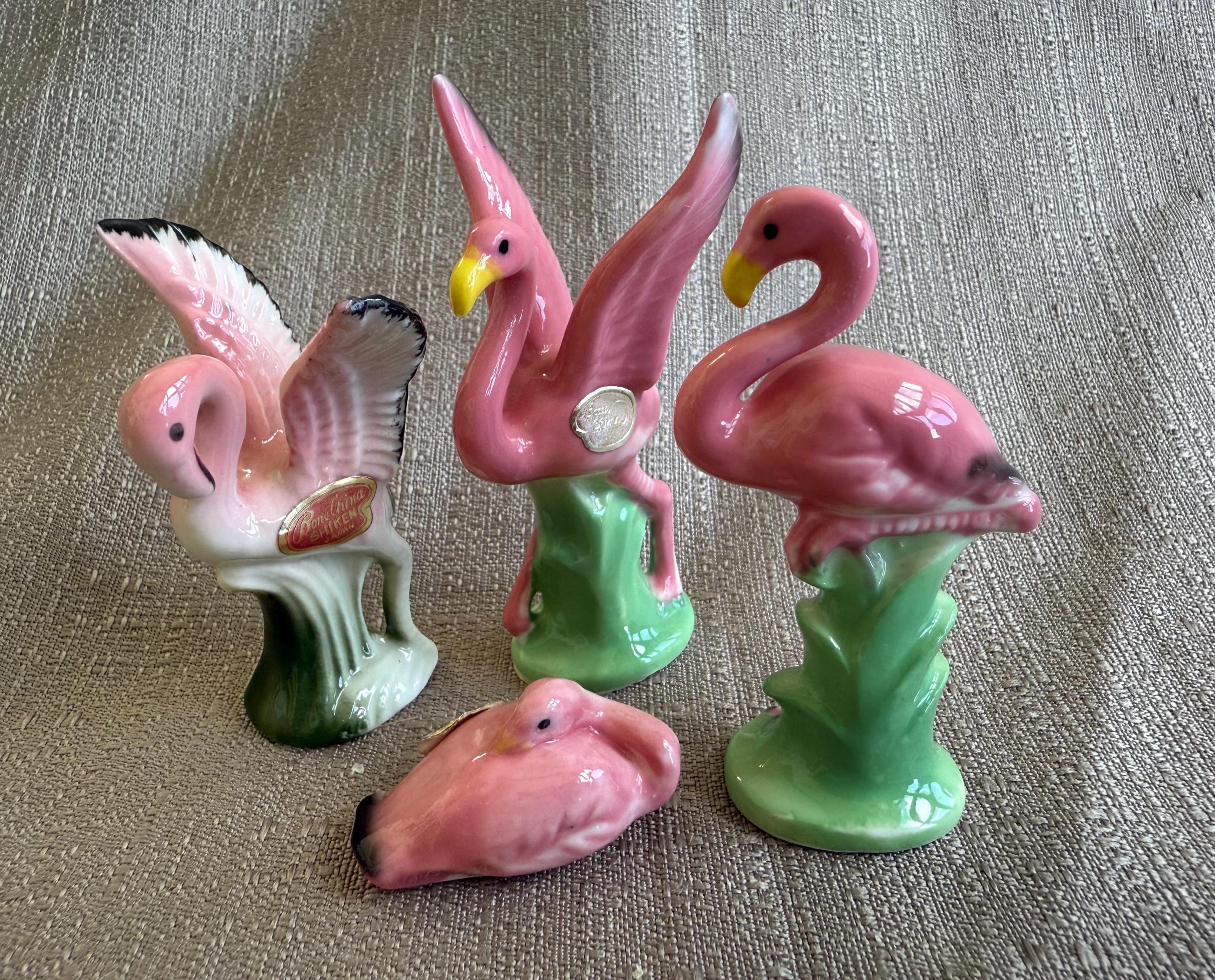 1960s Bone China Pink Flamingos Family, Set of 4, MINT CONDITION, Small Ceramic Miniature Figurines for Diorama, Terrarium, Made in Japan
