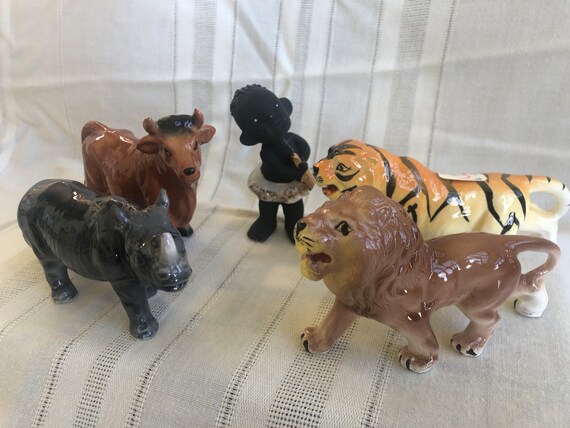 1950s Black Rhino & Boy, Vintage NORCREST African Series 1950s Black Rhino & Boy, Vintage NORCREST African Series