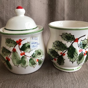 TWO Christmas Ceramic Sugar Bowl & Creamer, MINT CONDITION, Vintage 1950s-60s Holiday Dish with Lid, Holly and Berries Design, Made in Japan