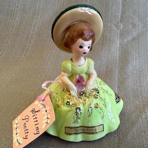 JOSEF ORIGINALS Girl Figurine, MINT Condition, &quot;Sitting Pretty&quot; Green Dress Pink Rose Hat, 24K Gold Trim, 1960s Porcelain Girl,Japan