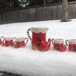 Vintage Christmas NAPCO Candy Cane Santa Boot Pitcher & Mug Set, Setof6 ...