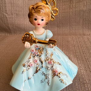 1960s JOSEF ORIGINALS New Home Figurine, MINT Porcelain Blue Dress Girl with Gold Key, 24K Gold Trim, Special Occasion Series, Japan