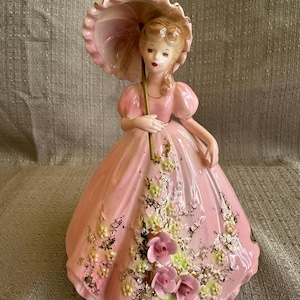 JOSEF ORIGINALS Parasol Lady Figurine, Vintage Ceramic Porcelain