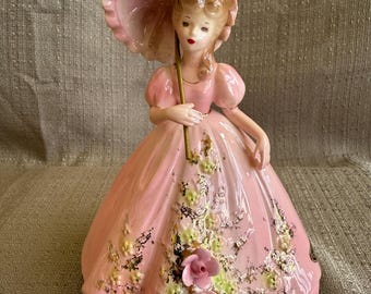 JOSEF ORIGINALS Parasol Lady Figurine, Vintage Ceramic Porcelain
