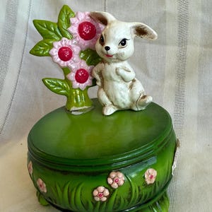 Vintage JOSEF Originals Music Box, Ceramic White Easter Rabbit Pink Flowers, READ DESCRIPTION, Somewhere My Love Music, Made in Japan