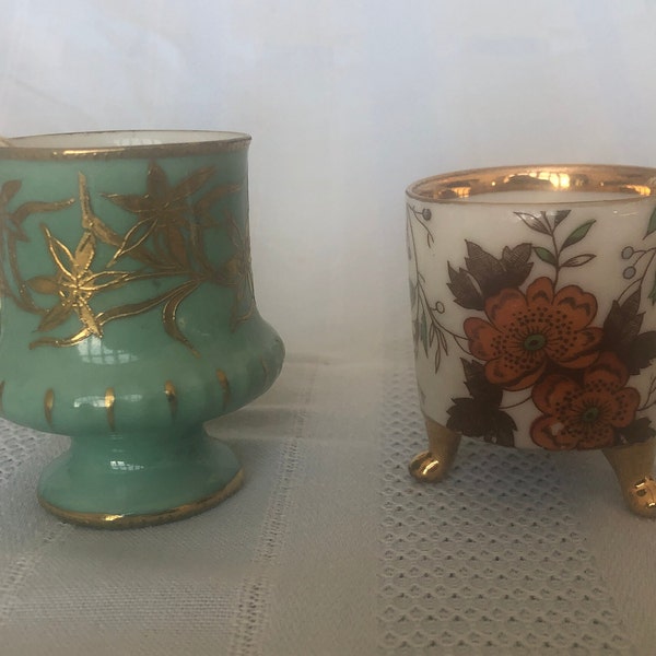 Vintage Demitasse Teacups, Limited Edition, Vintage NORCREST Small Pedestal Cups, Gold Trim, Never Used, Orange Turquoise, Japan